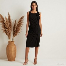 Evening Cocktail Midi Dress Black Jersey Sheath Sleeveless Ruffles Lined US 8