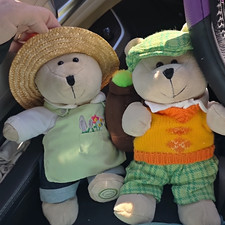 Lot of 2 Beige Plush Teddy Bears with Hats  Clothing, Black Eyes