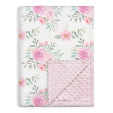 Floral Minky Baby Blanket 30x40 Inch Soft Plush Receiving Dotted Back Girl Gift