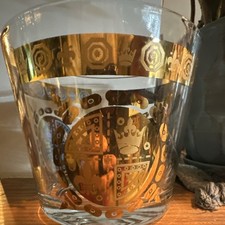 Clear Glass Ice Bucket Gold Crown Fleur-de-lis Motif Decorative Royalty Round