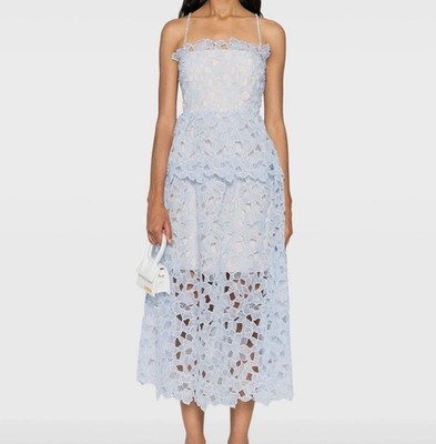 Self-Portrait Women's Blue Organza Lace Embellished Strap Midi Dress Size 8
