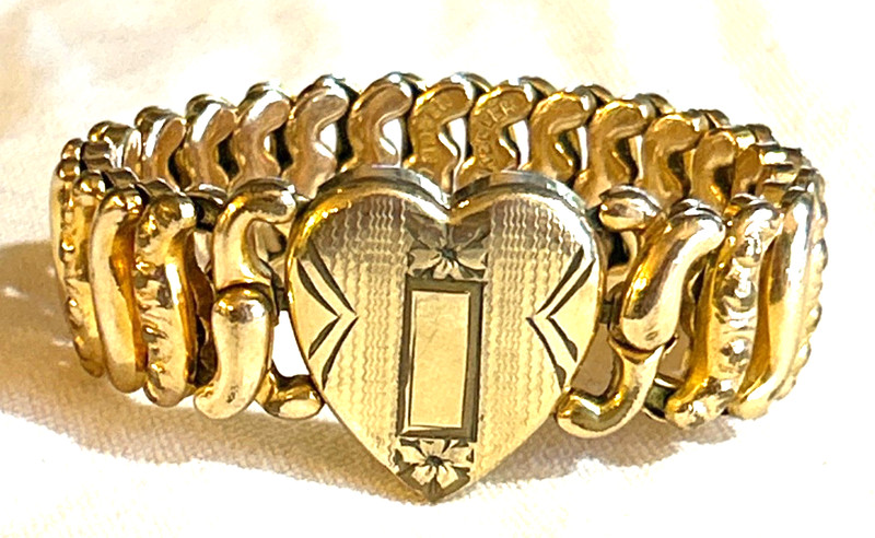Vtg ART NOUVEAU GOLD HEART stretch AMERICAN QUEEN PITMAN & KEELER BRACELET