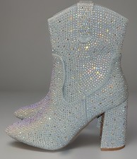 Women  s Silver Glitter Covered Chunky Heeled Party Boots Bling Zipper Size 7 NEW