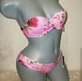 NWT Victoria Secret 32B Violet Peach Floral Bandeau Swimsuit Bikini Set 