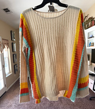 Women's M Ivory Ribbed Knit Crewneck Pullover Sweater Striped Long Sleeves