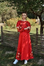Red Linen Embroidered Maxi Dress for Women Ukrainian Vyshyvanka Boho with Belt