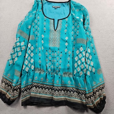 Adrianna Papell Blouse Size Small Aztec BohoTeal Green Peplum