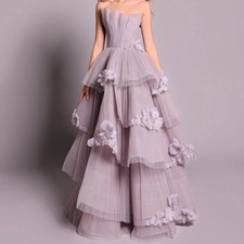 Mermaid Evening Dresses Strapless Flowers Tiered Draped Backless Prom Party Gown
