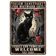 Tin Metal Signs Home D cor 8X12 Inch, Witch Black Cat Sanctuary Wayward Salem Vi