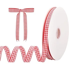 Elegant Red and White Gingham Checkered Ribbon 3/8 Inch x 50 Yards, Woven Edge