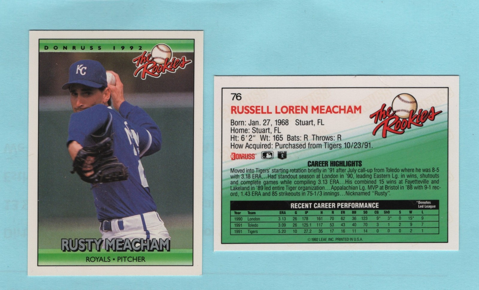 1992 Donruss The Rookies #76 Rusty Meacham - Royals - Box 750