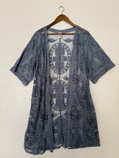 Women  s Lace Kimono Cardigan Swim Cover Up Blue Sz S- M Relaxed Flowy Longline