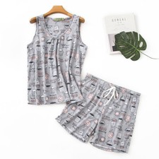 Womens Cotton Pajamas Set Sleeveless Top Bottom Shorts Sleepwear Soft Nightwear