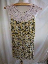 Ladies Top UK 10 green/yellow floral viscose, ivory unusual shoulder detail 8229