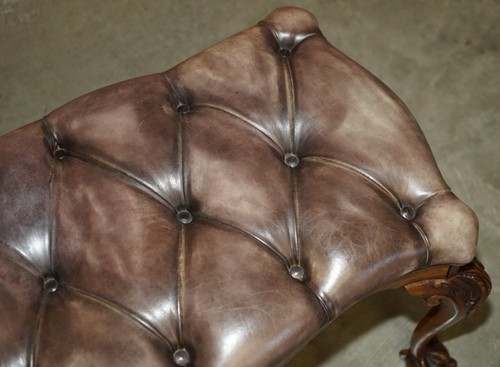 STUNNING ANTIQUE ENGLISH BURR WALNUT BROWN LEATHER CLAW & BALL WINDOW SEAT BENCH - Picture 7 of 23