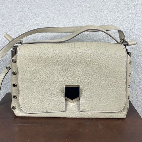 Jimmy Choo Lockett Large Shoulder Bag Hand Bag Satchel Cream Pebbled Leather