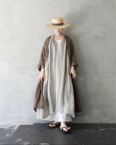 ICHI Antiquite's Linen Indigo Stripe Dress Free Size Japan Made Natural Beige - Picture 6 of 16