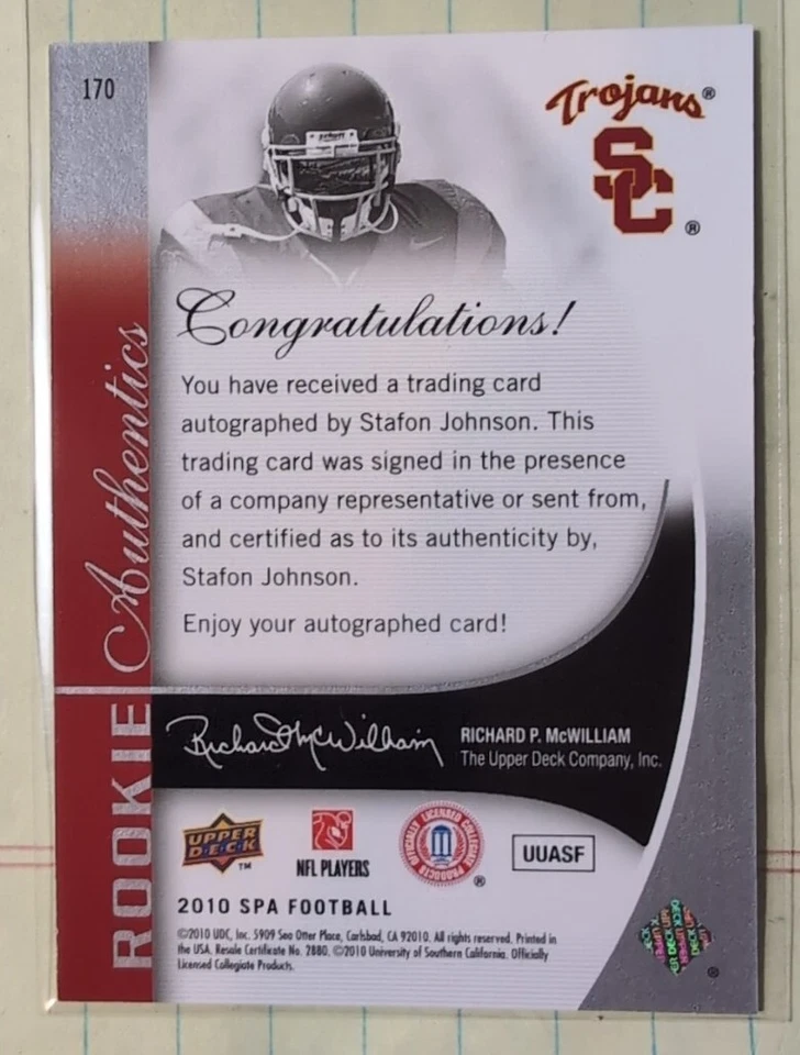 2010 SP Authentic #170 Stafon Johnson AU RC - Image 2 of 2