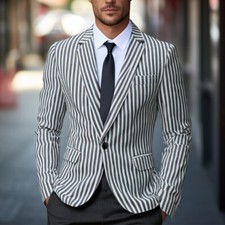 Men Stripes Blazer Jacket Business Casual Button Slim Fit Suit Coat Tops