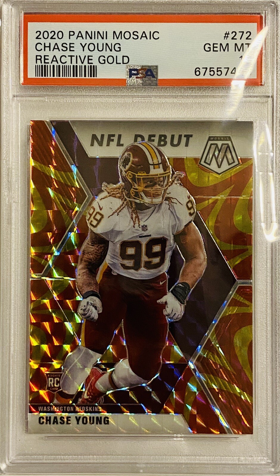 2020 Panini Mosaic Chase Young NFL RC #272 Reactive Gold Prizm PSA 10 Gem Mint