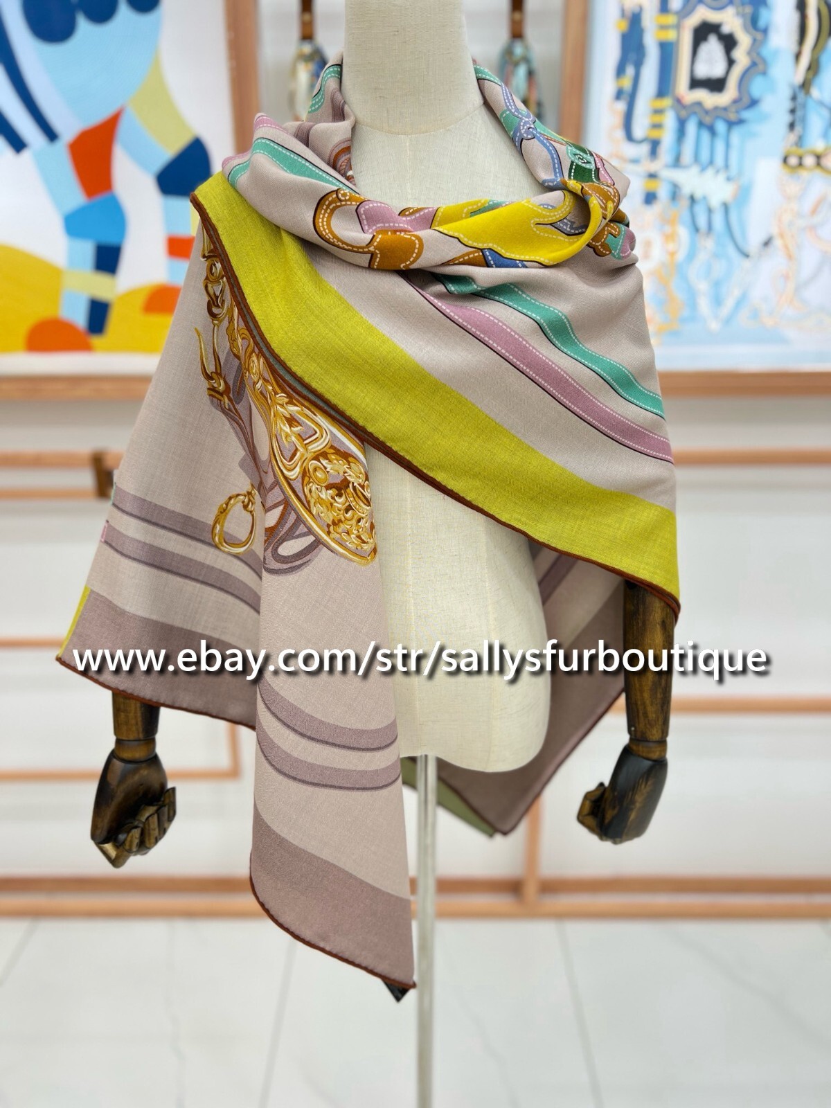 Sallys 70% Cashmere & 30% Silk Stole Saddle Print Double Face Scarf Shawl 53