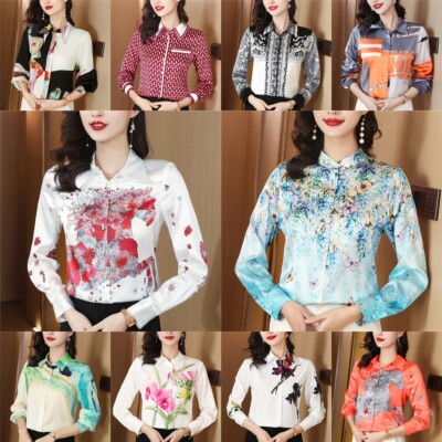 Spring Fall Vintage Floral Print Collar Women Casual Party OL Tops Shirt Blouses