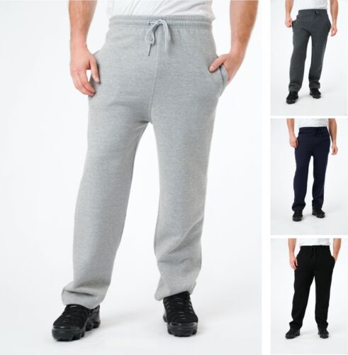 Mens Fleece Trousers Joggers Open Hem Bottoms Plain Zip Pocket Track Pants M-5XL - Picture 1 of 21