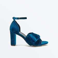 Arabella Sandal | Rainbow Club Shoes | Teal Velvet Bow Detail Block Heels