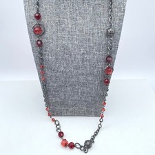 VTG 1928 Gunmetal Tone Red Faceted Bead Station Necklace Filigree Cage Accents