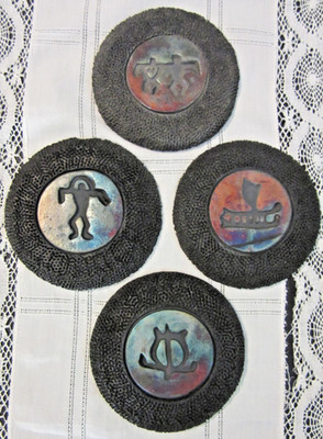 Ben Diller Raku and Lava Rock Petroglyph Pottery Coasters Set of 4