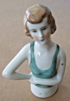 VINTAGE GERMAN PORCELAIN HALF DOLL  BROWN HAIR  GREEN TOP  HANDS ON WAIST 2348/3