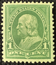 1897-1903 US 1c Franklin Stamp Unused HR XF Missing Perf, SC#279 CV$18