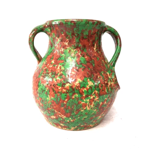 Weller Mottled Green Brown Art Pottery Vase Double Handle Amphora Style