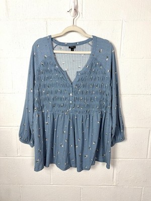 Torrid Floral Peasant Tunic Plus Size 2X Blue Waffle Smocked Cottage Romantic