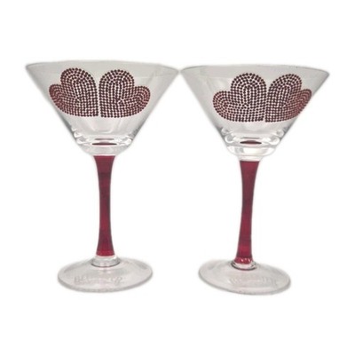 BEEFEATER Etched Gin~Martini Cocktail Glasses~Set Of Two~Love Heart Appliques 