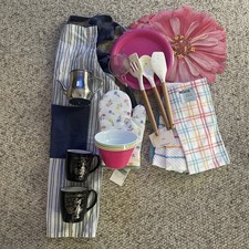9 PC Kitchen Set Items Apron Mugs Plates Bowls Utensils Towels T-Pot Mitten Mats