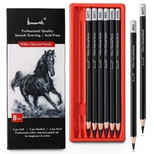Professional Charcoal Pencils Drawing Set - 8 Pieces Soft Medium and Hard Wil...