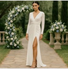 New Mac Duggal White V-Neck Jersey Long Sleeve High Slit Gown - 26554 - Size 6