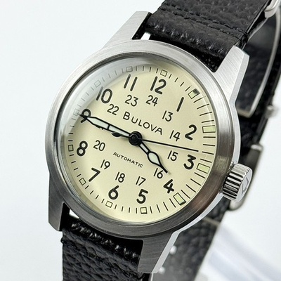 #ad Bulova Men#x27;s Hack Automatic Ivory Dial Black Leather Strap Watch 96A246 $167.05