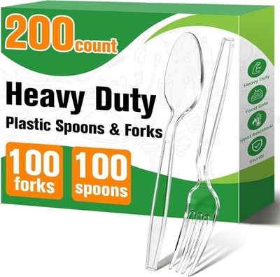 200Count Plastic Silverware Heavy Duty,Clear Plastic Forks and Spoons,100 Spoons