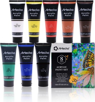 Artecho Acrylfarben Set Professional (8x120 ml), Wasserfest, Schnell Trocknend