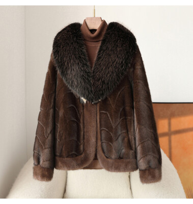 Winter Mink Fur Coat Women's Big Fox Fur Collar Thicken Warm Short Party Jackets