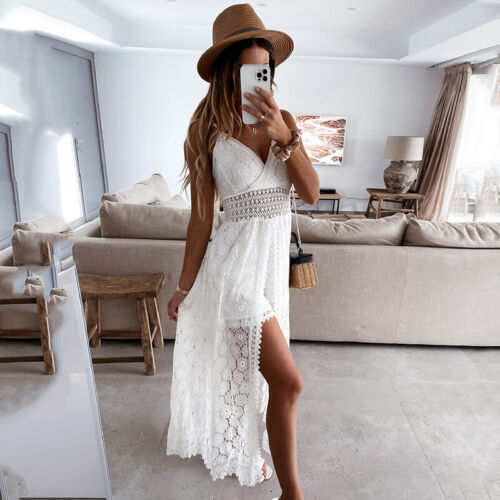 Boho Damen V-Neck Spitze Sommerkleid Strandkleid Lang Maxikleid Ärmellos kleid - Bild 6 von 11