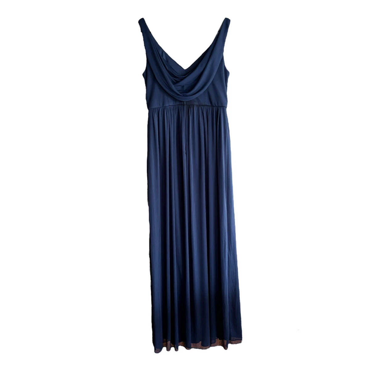David s Bridal Marine Long Mesh Dress With Cowl Back Detail. Size