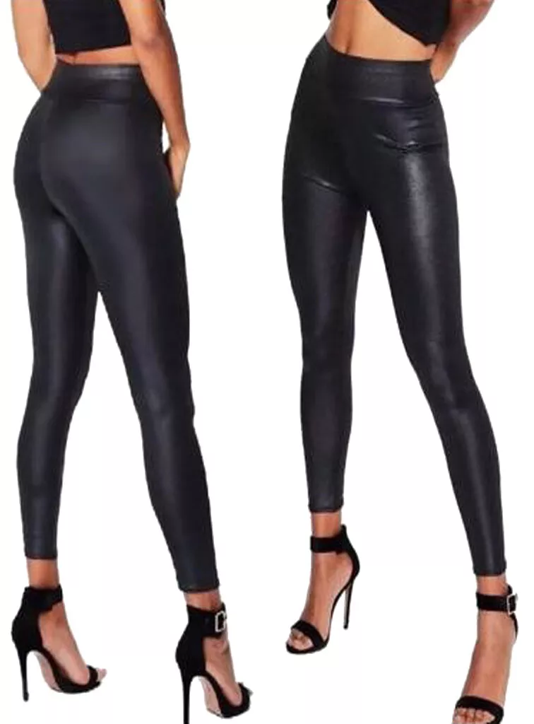 Black Wet Look Leggings High Waist Faux Leather Ladies Stretch