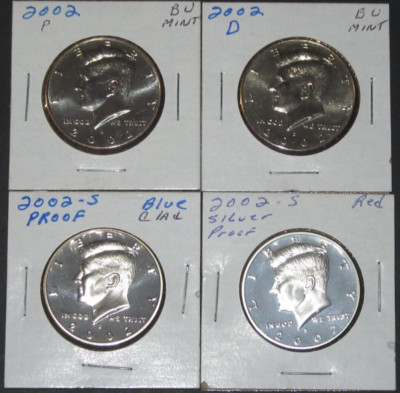 2002 P D S S Kennedy Half Dollar Year set Silver & Clad Proof & BU US 4 ...