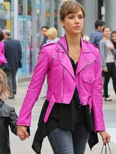 Jessica Alba Hot Pink Stylish Cropped Leather Jacket | Women Pink Biker Jacket