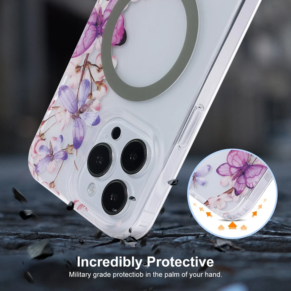 Phone Case Compatible With iPhone 14 Pro ,Magnetic Charging, Clear w/ Butterfly
