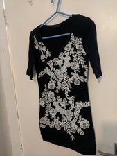 Ladies Black & White Floral Bodycon Dress With Shoulder Pads Size 8 By F&F