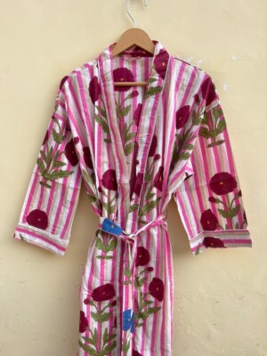 Indian Cotton Robe Long Kimono Sleepwear Pink Floral Print Night Suit Kimono US